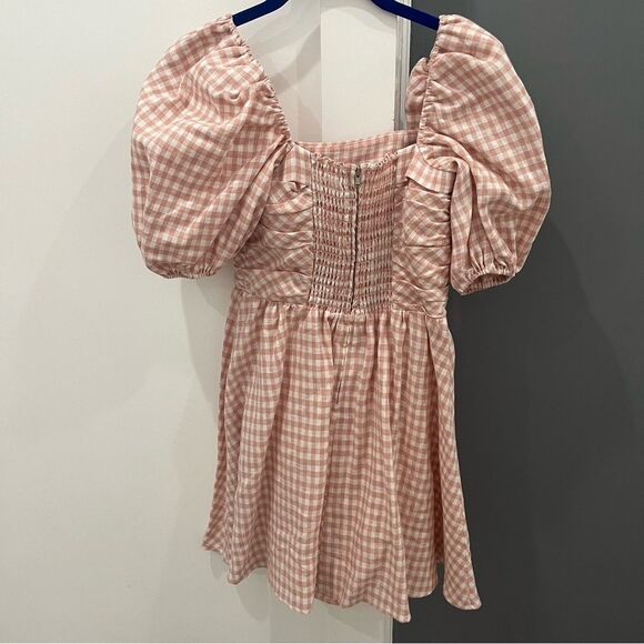 Reformation Mini Dress Zula 100% Linen Pink Gingham Plaid Short Puff Sleeve sz 2 - Picture 7 of 10